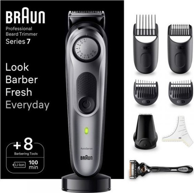 Trimer mjekre Braun Series 7 BT7420, 100 min punim, me aksesorë berberi, i zi
