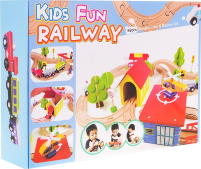 Set lodër hekurudhor For Children Wooden Railway Tracks, 69 copa, dru, shumëngjyrësh