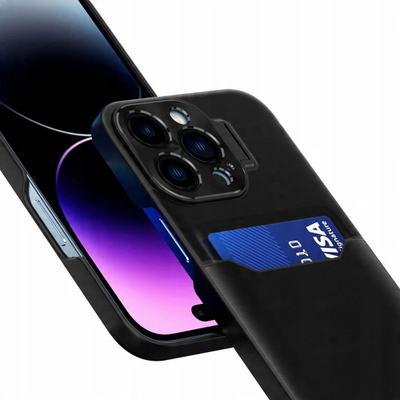 Këllëf telefoni Hurtel për iPhone 14 Plus, lëkurë eco, me xhep karte dhe stand, i zi