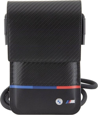 Çantë telefoni BMW M Series Carbon Tricolour, me rrip, me xhep për kartela, e zezë