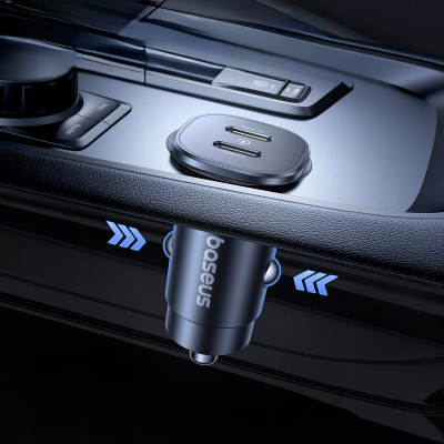 Полнач за автомобил Baseus 30W, две порти USB Type C, брзо полнење, црн