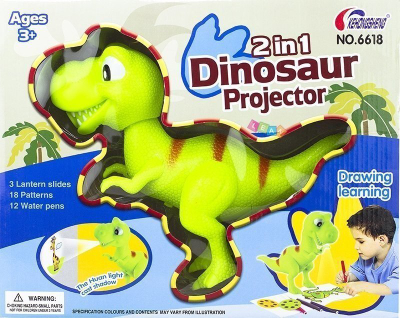 Projektor vizatimi për kalamaj T-Rex dinosaurus, 18 figura, 12 lapsa me ngjyra, shumëngjyrësh