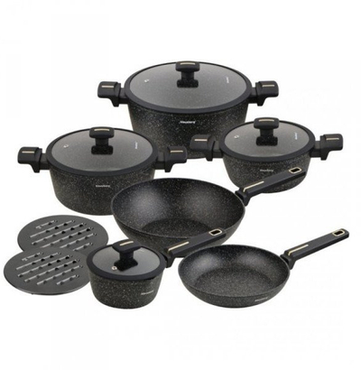 Set tenxheresh Klausberg KB-7968, 12 pjesë, alumini i hedhur, me veshje mermeri jo ngjitëse, i zi
