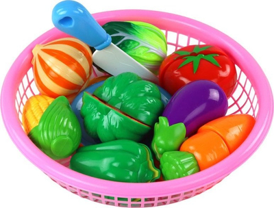 Lodër kuzhine Leantoys Vegetables with Velcro in Basket, set perimesh plastike, me aksesore, shume ngjyrash