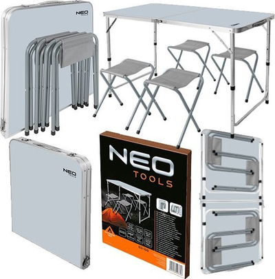 Set kampingu Neo 63-159, tavolinë palosëse me 4 karrige, alumini MDF, ngjyrë gri