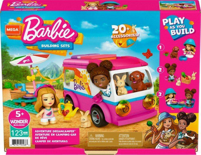 Set ndërtimi Mega Construx Barbie Adventure Dreamcamper, 123 pjesë, 20 aksesorë, rozë e bardhë