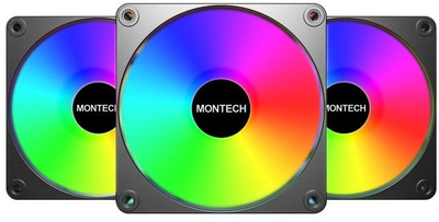 Фан за куќиште Montech GF120R V2 ARGB PWM, 120mm, сет 3 парчиња, со контролер 6 порти, црн