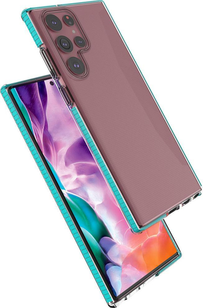 Mbrojtëse telefoni Spring Case për Samsung Galaxy S22 Ultra, xhel TPU, transparente, me kornizë blu