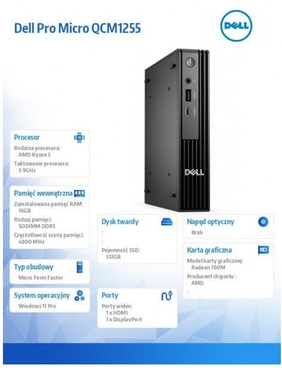 Kompjuter mini Dell Pro Micro QCM1255, Ryzen 5 PRO, 16GB RAM, 512GB SSD, i zi