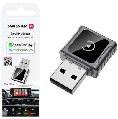 Adapter Swissten CarLINK për makinë, Apple CarPlay dhe Android Auto pa tela, me Wi‑Fi 5.8, Bluetooth 5.3, ngjyrë e zezë