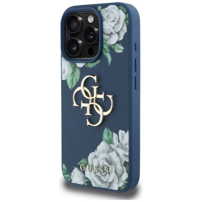 Mbrojtëse telefoni Guess Grained Roses Big 4G Logo për iPhone 16 Pro, kapak mbrapa, blu