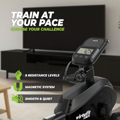 Biçikletë recumbent VirtuFit RB 1.0, me ekran, me rezistencë që e rregullon vetë, ngjyrë e zezë