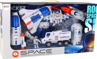 Set lodrash kozmike Leantoys Space Set, 12 copa, me raketë dhe astronautë, bardh e kaltër