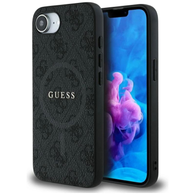 Футрола за телефон Guess 4G Ring Classic Logo MagSafe за iPhone 16e, еколошка кожа, црна
