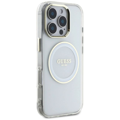 Футрола Guess IML Metal Colored Circle MagSafe за iPhone 16 Pro, TPU и поликарбонат, проѕирна бела