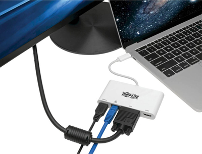 Adapter docking USB C Tripp Lite U44406NHV4GU, HDMI 4K, VGA edhe RJ45, i bardhë