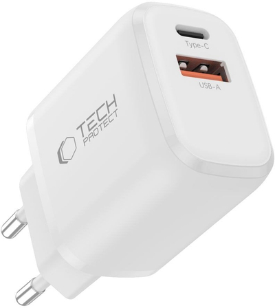 Karikues muri Tech-Protect NCA20, 20W PD QC3.0, USB-A USB-C, me kabllo USB-C në Lightning, i bardhë