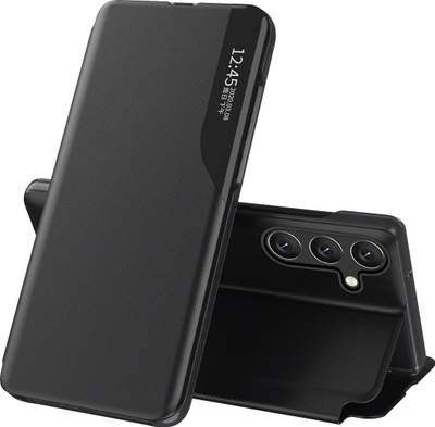 Këllëf telefoni Hurtel View Case për Samsung Galaxy A26, lëkurë eco, bojs i qëndrueshëm, i zi