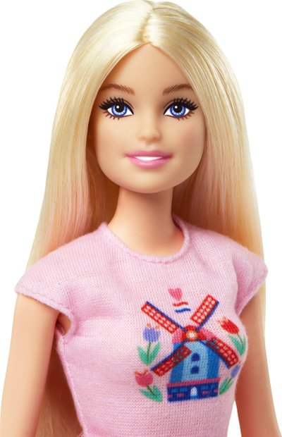 Set lojërash Barbie Pink Passport Holland, kukull me biçikletë, aksesorë udhëtimi, rozë