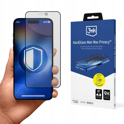 Mbrojtës ekrani 3MK HardGlass, për iPhone 17 Pro, matt, privatësi maksimale, i zi
