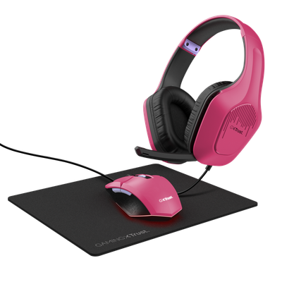 Set gaming Trust GXT 790, kufje me kabllo, maus 6400 DPI, mousepad, i zi rozë