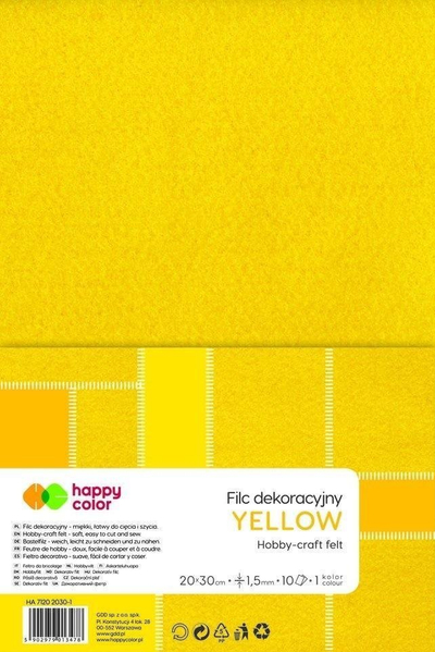 Fletë filci dekorative Happy Color, 20x30cm, 1.5mm, set me 10 copë, e verdhë