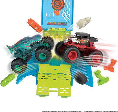 Set lodrash Hot Wheels Mega Wrex Oversized Crash Cage, kamion përbindësh 1:24, me pista edhe rampa aksioni, shumëngjyrësh