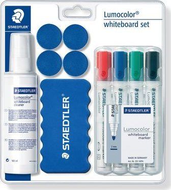 Set markerash për whiteboard Staedtler Lumocolor, me lëng pastrues, me magnet, blu e bardhë
