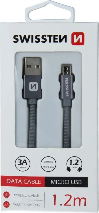 Kabllo USB Swissten USB A në micro USB, 1.2m, 3A, gri