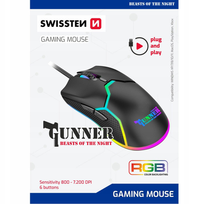 Миш гејминг Swissten GUNNER, 7200 DPI, со кабел, RGB, црн
