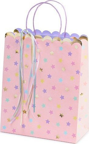 Qese dhuratash “Gift Bag With Stars”, 26 x 32 x 13 cm, rozë me yje shumëngjyrëshe
