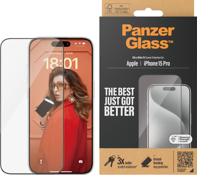 Qelq mbrojtës PanzerGlass Ultra-Wide Fit, për iPhone 15 Pro, transparent