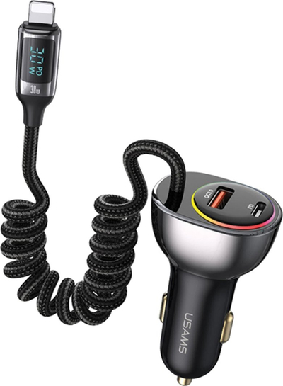 Karikues makine Usams US-CC193, 60W PD QC, 1xUSB-A 18W 1xUSB-C 30W, kabllo Lightning, i zi