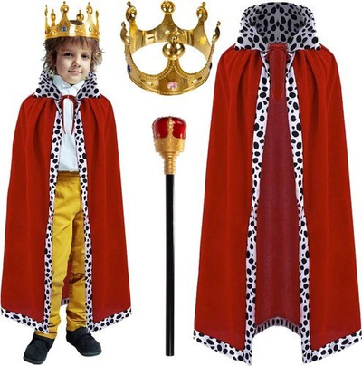 Kostum mbreti për kalamaj King, pelerinë 92cm, skeptër edhe kurorë, i kuq