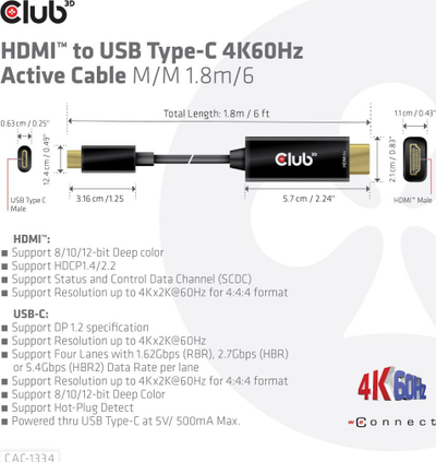 Kabllo USB Club 3D USB C në HDMI, 1.8m, e zezë