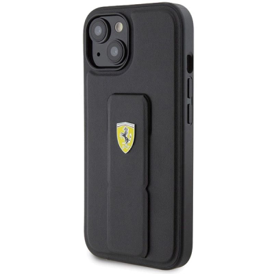 Mbrojtëse telefoni Ferrari Hard Case me Grip Stand për iPhone 15 6.1", me logo metal, e zezë
