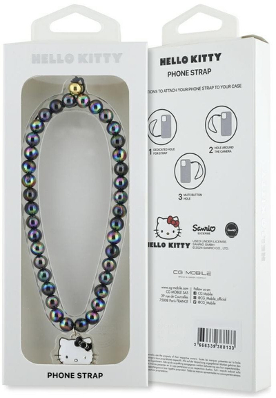 Висулка за телефон Hello Kitty Pearls Kitty Head, со монистра, црна