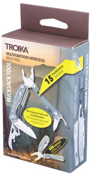 Vegël shumëpërdorimëshe TROIKA RUCKSACK TOOL, e vogël, për çantë shpine, metalike