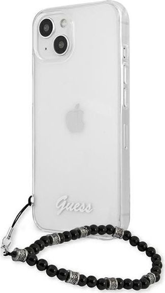 Mbulesë telefoni Guess GUHCP13SKPSBK për iPhone 13 mini, hardcase transparent, me varëse perle, e zezë