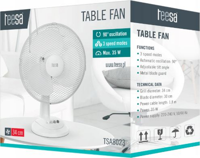Ventilator tavoline Teesa TSA8023, 3 shpejtësi, rrotullim automatik, i bardhë