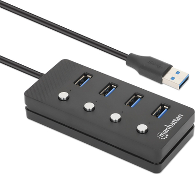 Hub USB Manhattan, 4 porta USB-A 5 Gbps, me çelës on/off për çdo port, gri