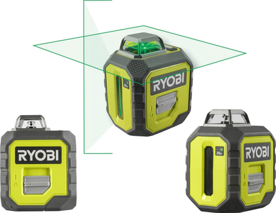 Ласерски нивелир RYOBI 360° Green Line, хоризонтална линија 360°, вертикална линија и крст, зелен