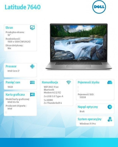 Laptop Dell Latitude 7640, 16.0", Intel Core i7-1355U, 16GB RAM, 512GB SSD