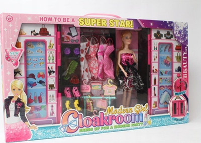 Set lodër me kukull dhe gardërobë Modern Girl Cloakroom, aksesorë veshjesh, rozë