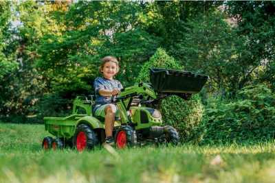 Traktor lodër Falk Claas Arion 430, për hipur me pedale, me rimorkio dhe ngarkues, i gjelbër