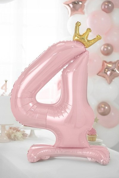 Balon qendrore me helium, numri 4 me kurorë, rozë e çelët