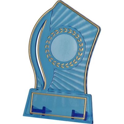 Kupë trofeu Victoria Sport T M, plastike, me vend medaljoni 25mm, blu transparente me ari