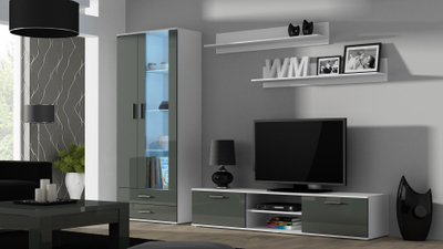 Komodë TV Chest Bed Meble Soho 180, MDF dhe panel i laminuar, e bardhë gri me shkëlqim