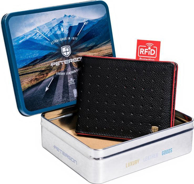 Portofol lëkure për meshkuj Peterson Horizontal, RFID Blocking, i zi me të kuqe