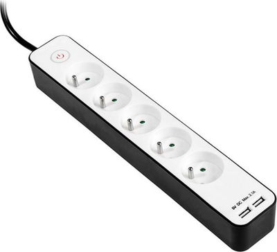 Продолжен приклучок Tracer Zebra, 5 места, 1.5 m, 2x USB 2.1A, бело и црно